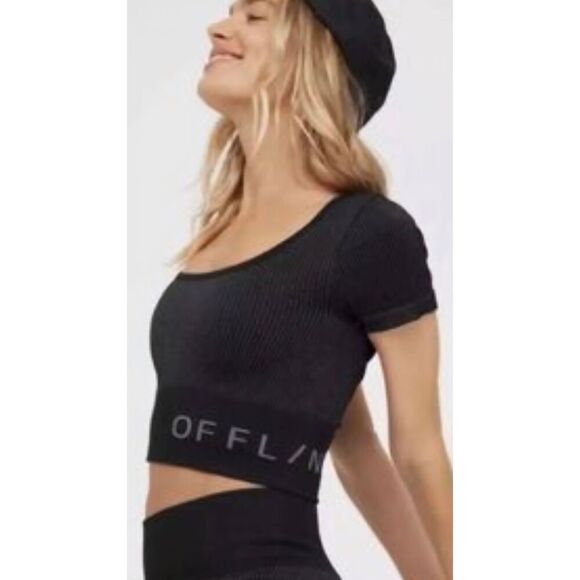 Aerie Offline Size Small Ribbed Crop Top Scoop Neck Activewear Black Compression - Picture 1 of 4